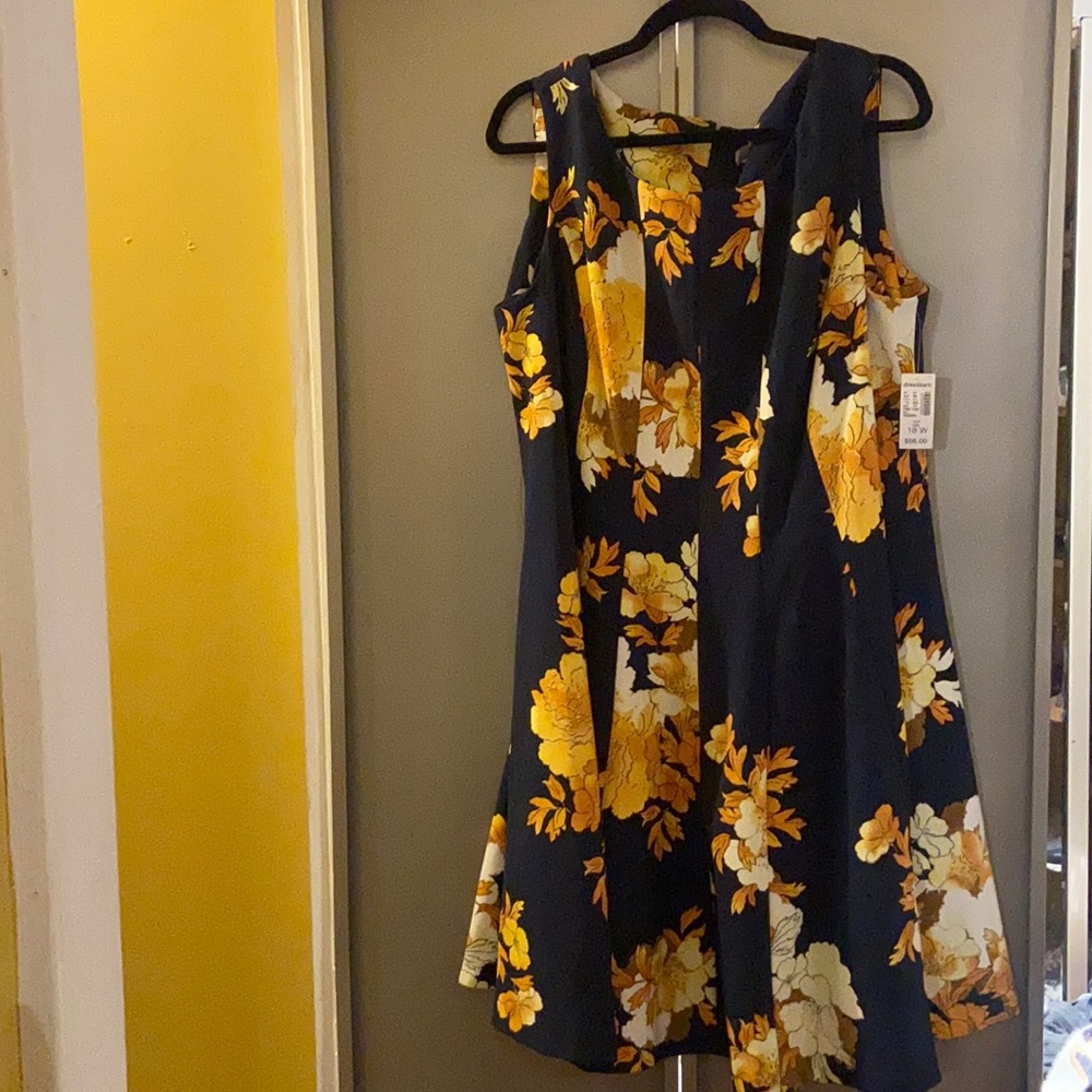 Dress Barn Navy Floral Fit-and-Flare Dress with Yellow Flowers